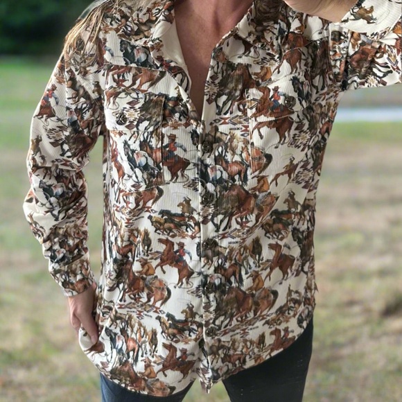 Fall Cowgirl Button Up Shirt, Western Fall Cowboy Print Corduroy Shirt Jacket - Picture 1 of 7